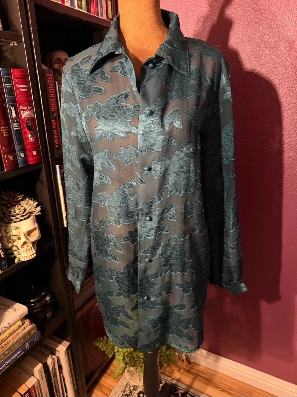 Sheer forest green Floral Button-Up velvet burn out tunic